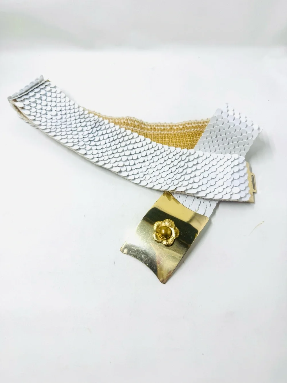 80’s Elastic Belt Signed Harwill NYC white fish scale belt